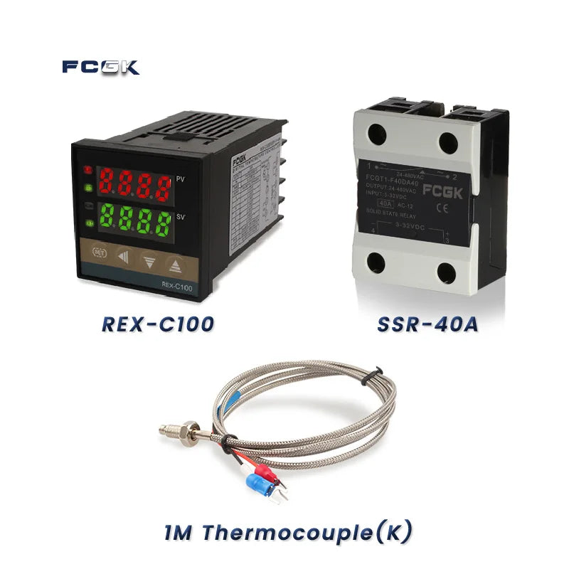 وحدة تحكم في درجة الحرارة REX-C100 PID بجهد 220 فولت حتى 400 درجة - ترموستات رقمي مع مخرج SSR 40 أمبير ومستشعر حرارة من النوع K