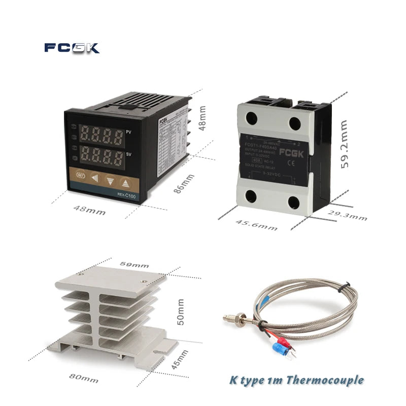 وحدة تحكم في درجة الحرارة REX-C100 PID بجهد 220 فولت حتى 400 درجة - ترموستات رقمي مع مخرج SSR 40 أمبير ومستشعر حرارة من النوع K