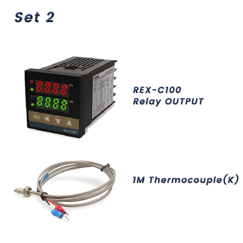 وحدة تحكم في درجة الحرارة REX-C100 PID بجهد 220 فولت حتى 400 درجة - ترموستات رقمي مع مخرج SSR 40 أمبير ومستشعر حرارة من النوع K