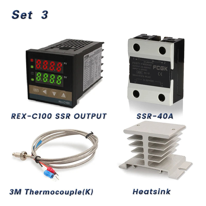 وحدة تحكم في درجة الحرارة REX-C100 PID بجهد 220 فولت حتى 400 درجة - ترموستات رقمي مع مخرج SSR 40 أمبير ومستشعر حرارة من النوع K