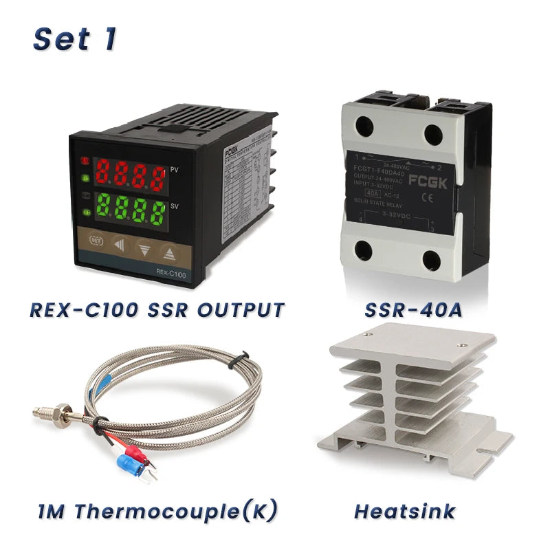 وحدة تحكم في درجة الحرارة REX-C100 PID بجهد 220 فولت حتى 400 درجة - ترموستات رقمي مع مخرج SSR 40 أمبير ومستشعر حرارة من النوع K