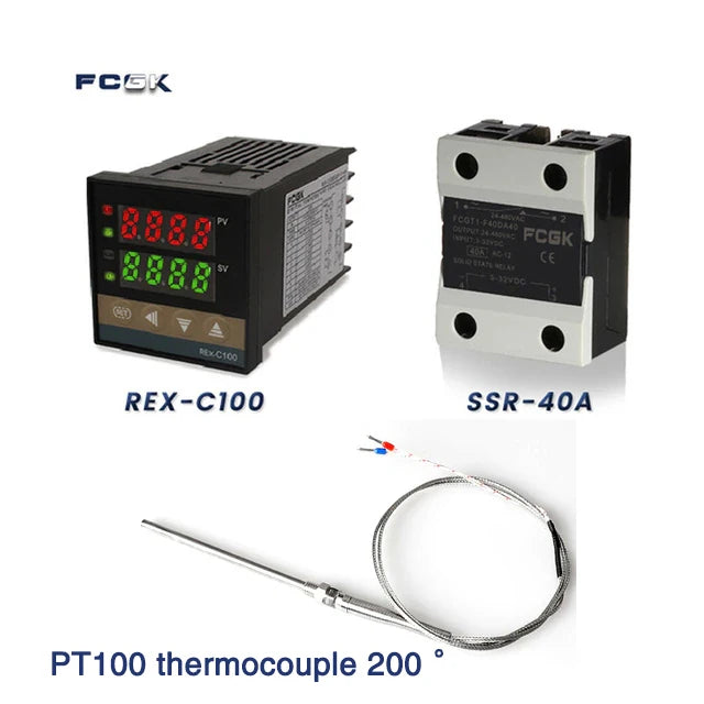 وحدة تحكم في درجة الحرارة REX-C100 PID بجهد 220 فولت حتى 400 درجة - ترموستات رقمي مع مخرج SSR 40 أمبير ومستشعر حرارة من النوع K