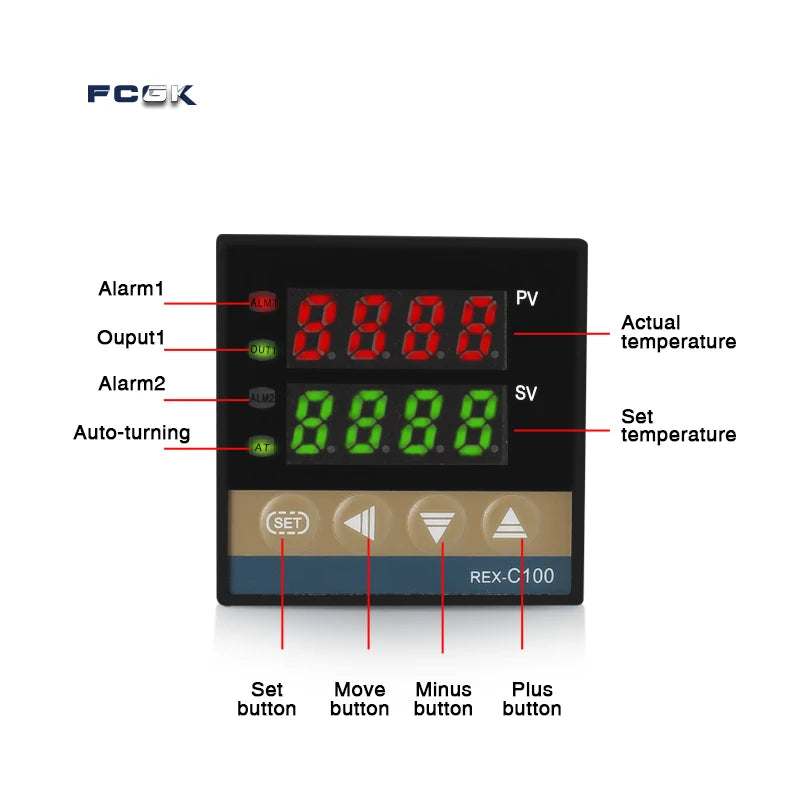 وحدة تحكم في درجة الحرارة REX-C100 PID بجهد 220 فولت حتى 400 درجة - ترموستات رقمي مع مخرج SSR 40 أمبير ومستشعر حرارة من النوع K