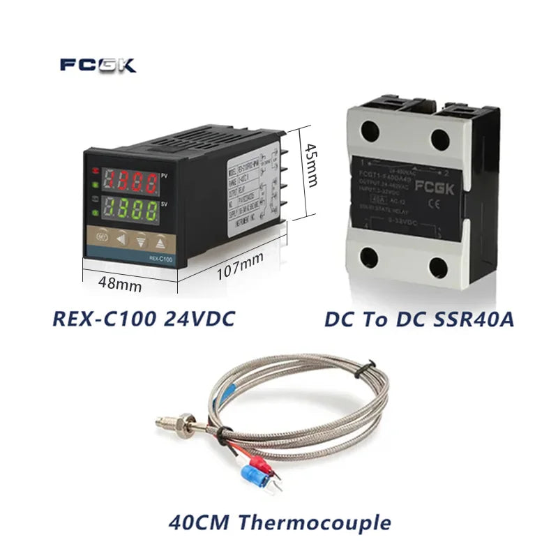 وحدة تحكم في درجة الحرارة REX-C100 PID بجهد 220 فولت حتى 400 درجة - ترموستات رقمي مع مخرج SSR 40 أمبير ومستشعر حرارة من النوع K