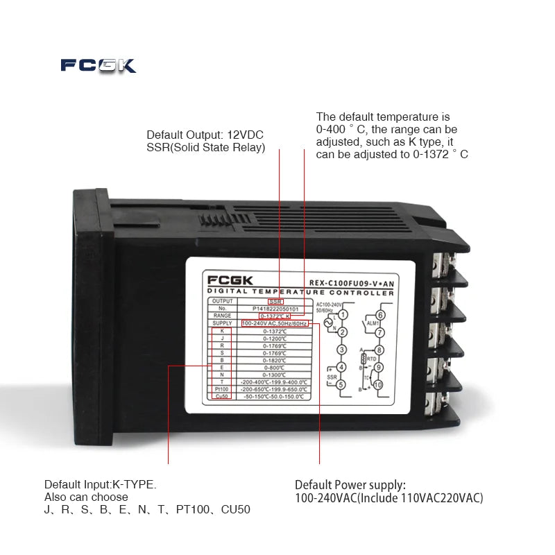 وحدة تحكم في درجة الحرارة REX-C100 PID بجهد 220 فولت حتى 400 درجة - ترموستات رقمي مع مخرج SSR 40 أمبير ومستشعر حرارة من النوع K
