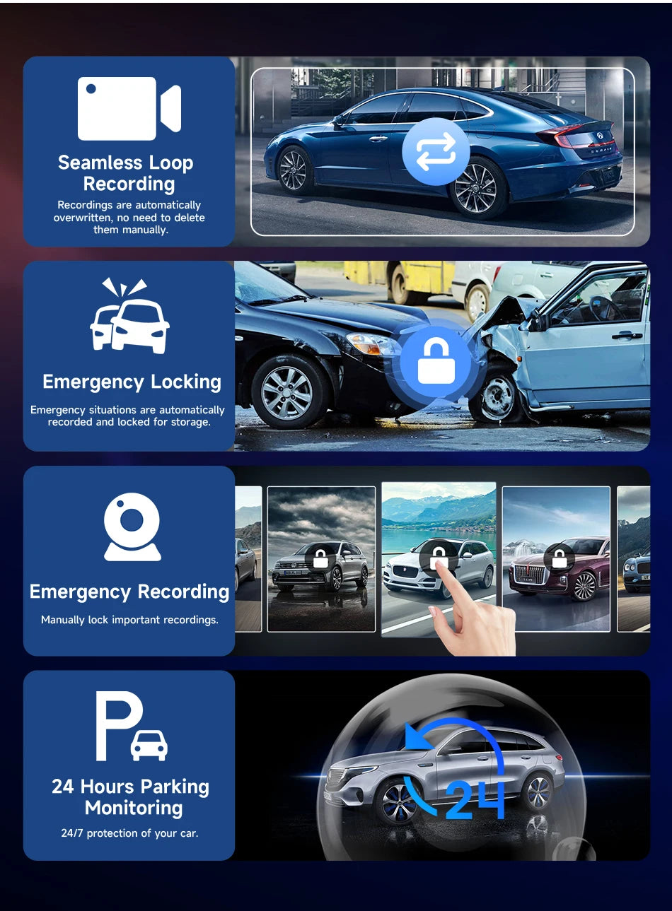 كاميرا تسجيل السيارة 4K بشاشة 10/11.26 بوصة مع كاربلاي لاسلكي وأندرويد أوتو ونظام ملاحة GPS ومسجل فيديو لوحة القيادة بعدستين مزدوجتين مع واي فاي وFM وAUX