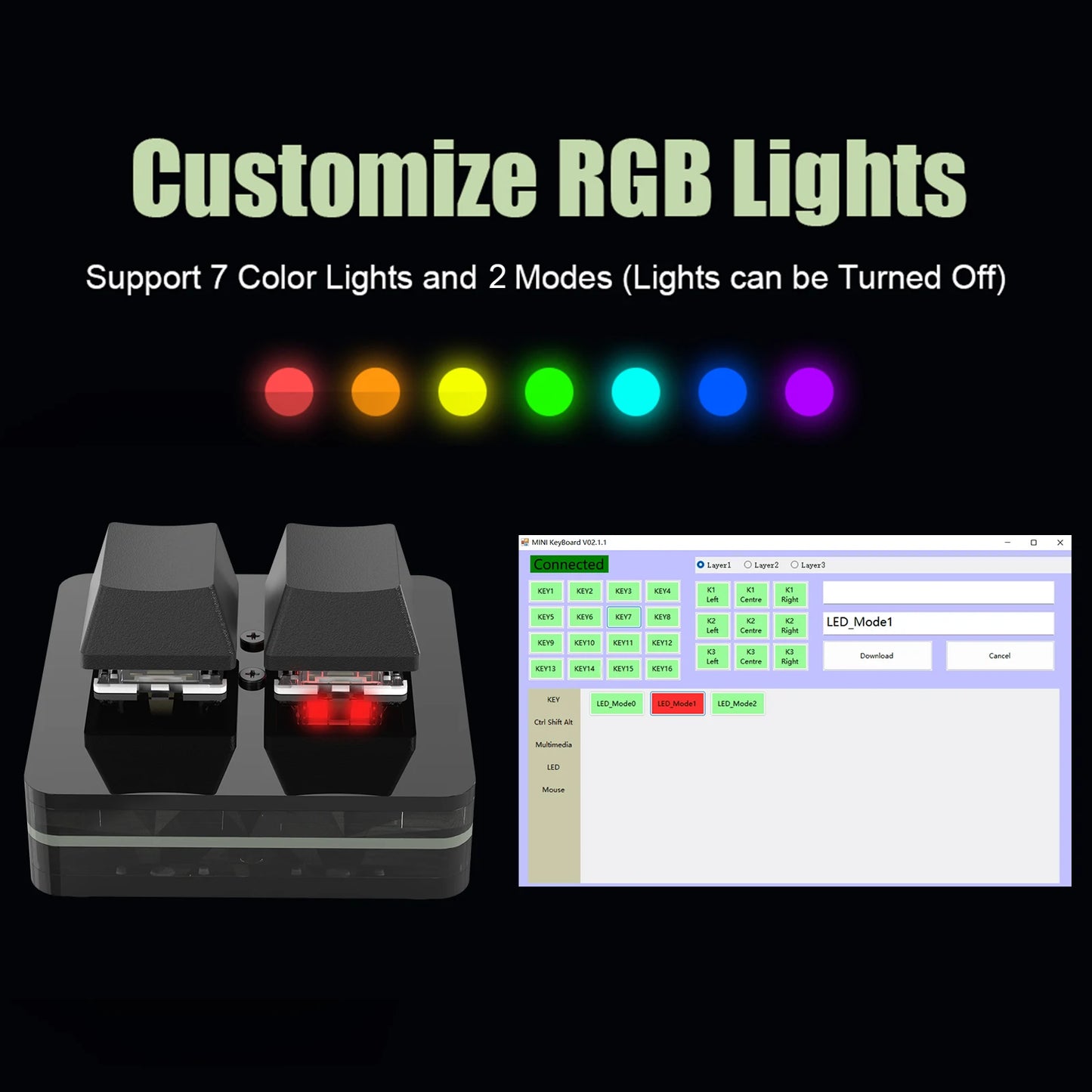 لوحة مفاتيح ماكرو صغيرة قابلة للبرمجة RGB مع إضاءة ملونة - مفاتيح قابلة للتبديل الساخن للألعاب مخصصة مع مقبض دوار - مفاتيح حمراء 3 أزرار مع مقبض للفوتوشوب والوسائط المتعددة