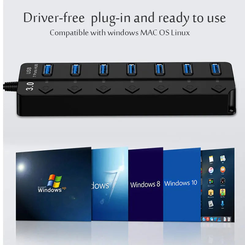 محول طاقة USB 3.0 موزع متعدد المنافذ 4/7 منفذ هاب USB 2.0 موسع متعدد مع مفتاح وكابل 30 سم محطة إرساء