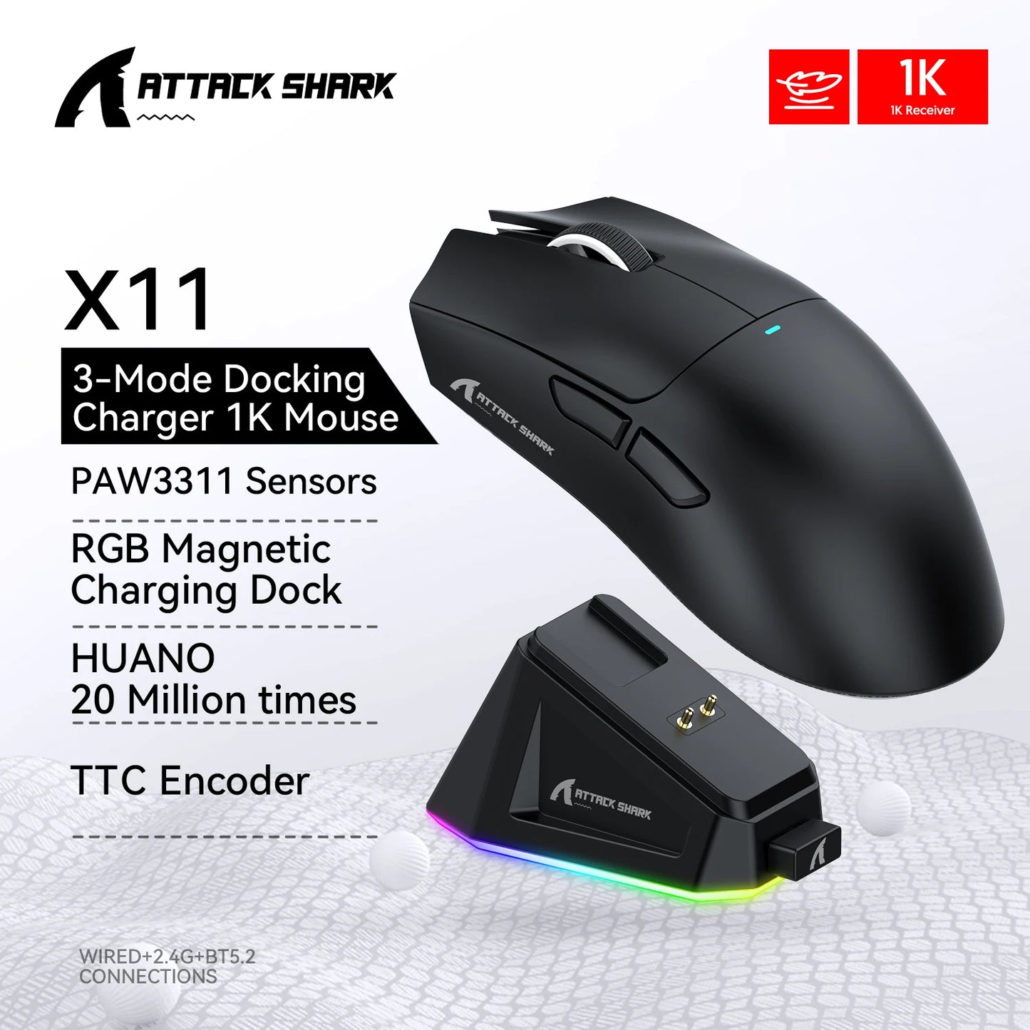 فأرة أتاك شارك X11 اللاسلكية، اتصال ثلاثي الأوضاع 2.4GHz/سلكي/بلوتوث PAW3311 22000DPI 400IPS RGB فأرة ألعاب للكمبيوتر