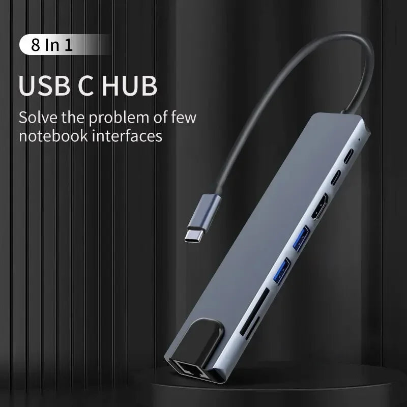 محول USB 8 في 1 من النوع C 3.1 إلى 4K HDTV مع قارئ بطاقات SD/TF وRJ45 وشحن سريع PD لأجهزة MacBook والكمبيوتر المحمول