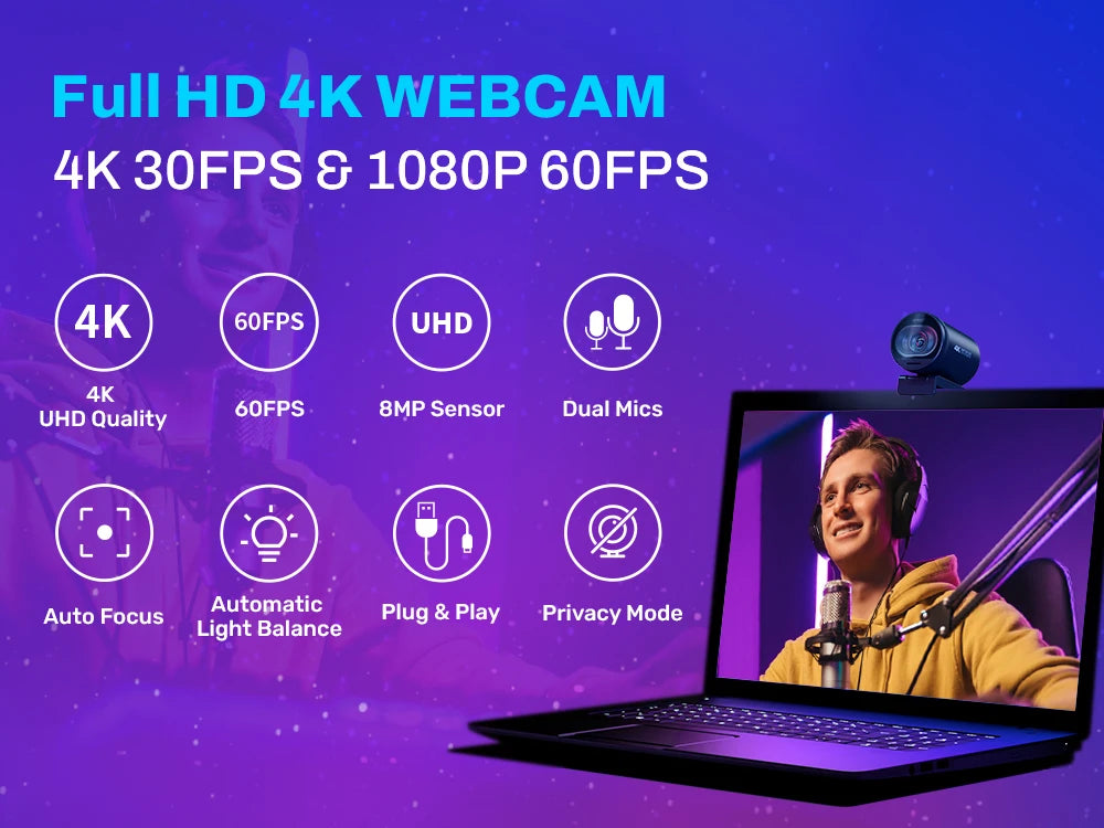كاميرا ويب 4K للبث المباشر - كاميرا USB بدقة 1080P و60 إطار في الثانية - EMEET S600 مع خاصية التركيز التلقائي وميكروفونات مدمجة للبث المباشر على تيك توك ويوتيوب