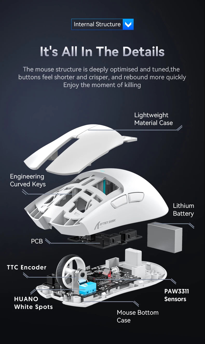 فأرة أتاك شارك X11 اللاسلكية، اتصال ثلاثي الأوضاع 2.4GHz/سلكي/بلوتوث PAW3311 22000DPI 400IPS RGB فأرة ألعاب للكمبيوتر