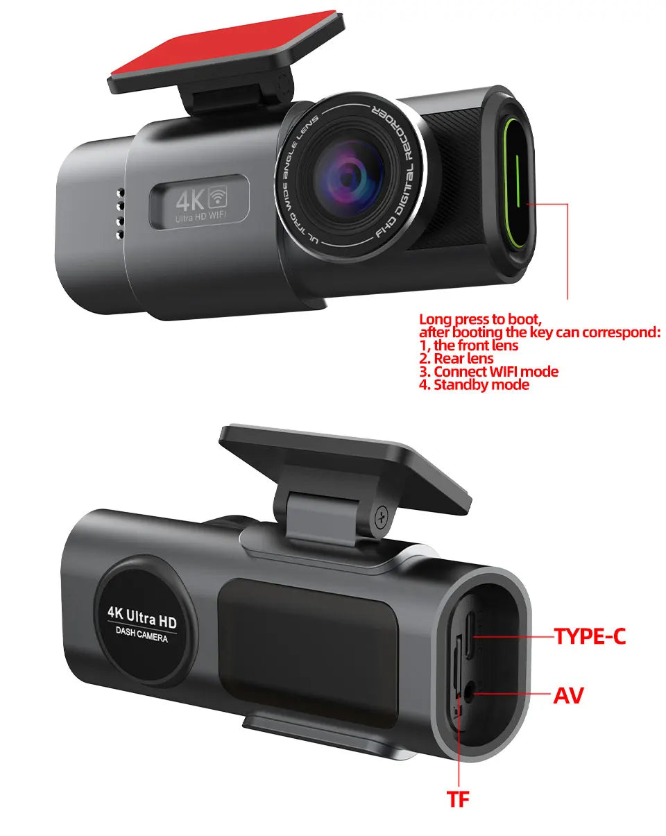 كاميرا سيارة داش كام بدقة 4K UHD مسجل فيديو DVR برؤية ليلية مع واي فاي مدمج ودعم GPS ومراقبة 24 ساعة للركن