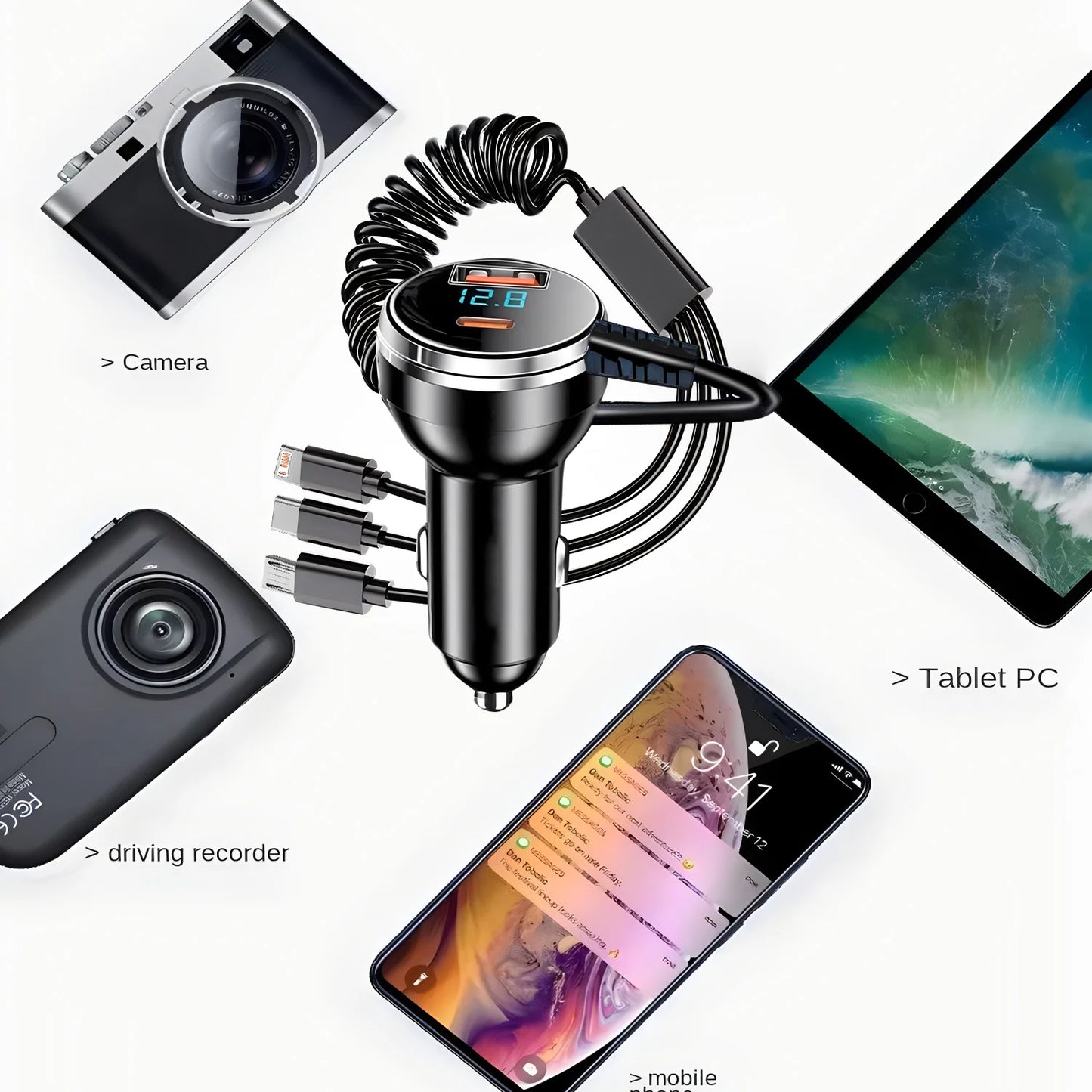 شاحن سيارة سريع 230 واط - 5 منافذ USB-C و QC3.0 PD - متوافق مع آيفون وسامسونج وهواوي وشاومي