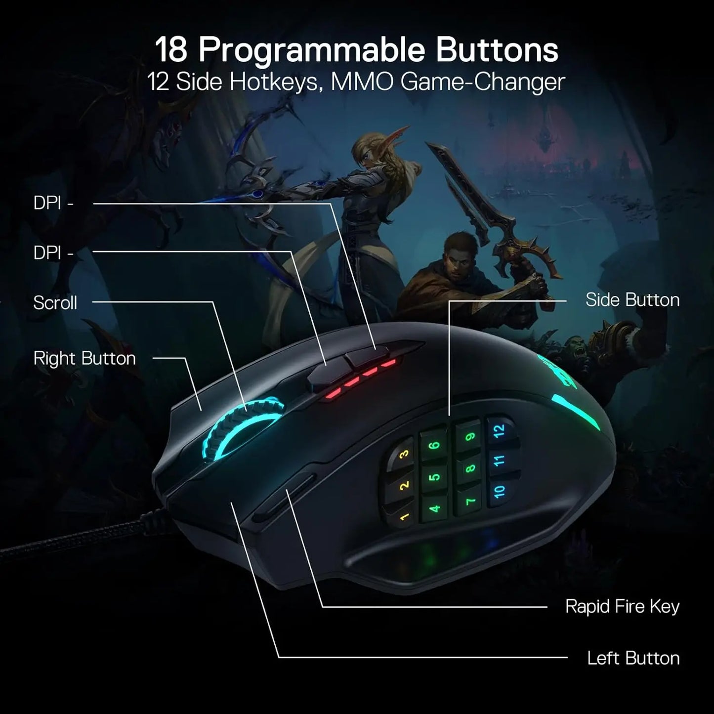 ماوس ألعاب ريدراجون M908 بإضاءة RGB LED سلكي USB مع 18 زر قابل للبرمجة 12400 DPI