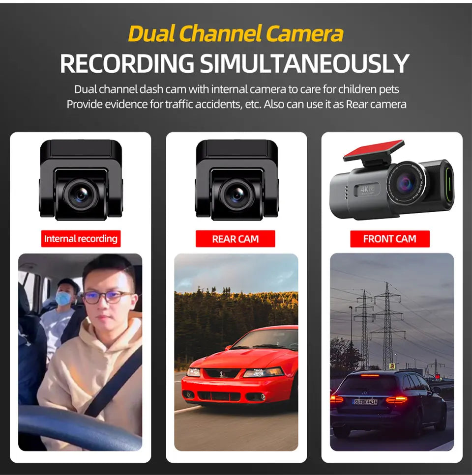 كاميرا سيارة داش كام بدقة 4K UHD مسجل فيديو DVR برؤية ليلية مع واي فاي مدمج ودعم GPS ومراقبة 24 ساعة للركن