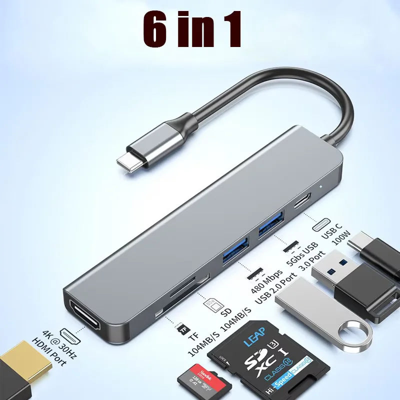 محول USB C بـ 6 منافذ إلى HDMI 4K - قارئ بطاقات SD وTF - هاب USB 3.0 و2.0 - محطة شحن Type C متوافقة مع MacBook وiPad وSamsung