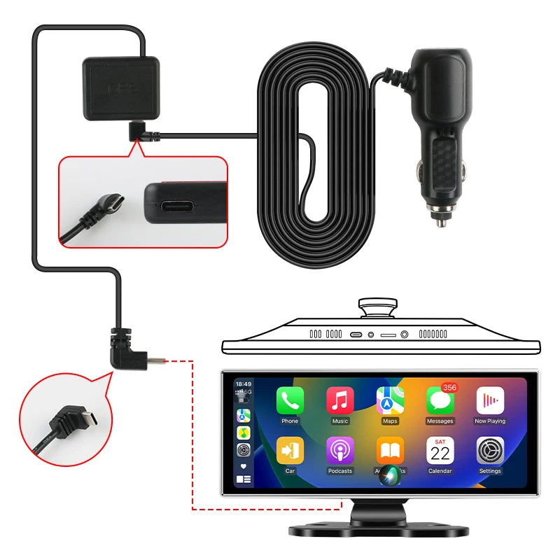 كاميرا تسجيل السيارة 4K بشاشة 10/11.26 بوصة مع كاربلاي لاسلكي وأندرويد أوتو ونظام ملاحة GPS ومسجل فيديو لوحة القيادة بعدستين مزدوجتين مع واي فاي وFM وAUX