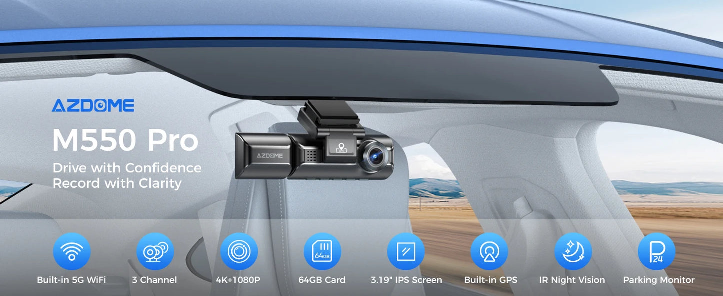 كاميرا سيارة AZDOME M550 Pro بتقنية WiFi 5.8 جيجاهرتز - قناتين/3 قنوات - دقة 4K+1080P مع GPS مدمج - شاشة IPS 3.19 بوصة - رؤية ليلية بالأشعة تحت الحمراء - وضع المراقبة 24 ساعة