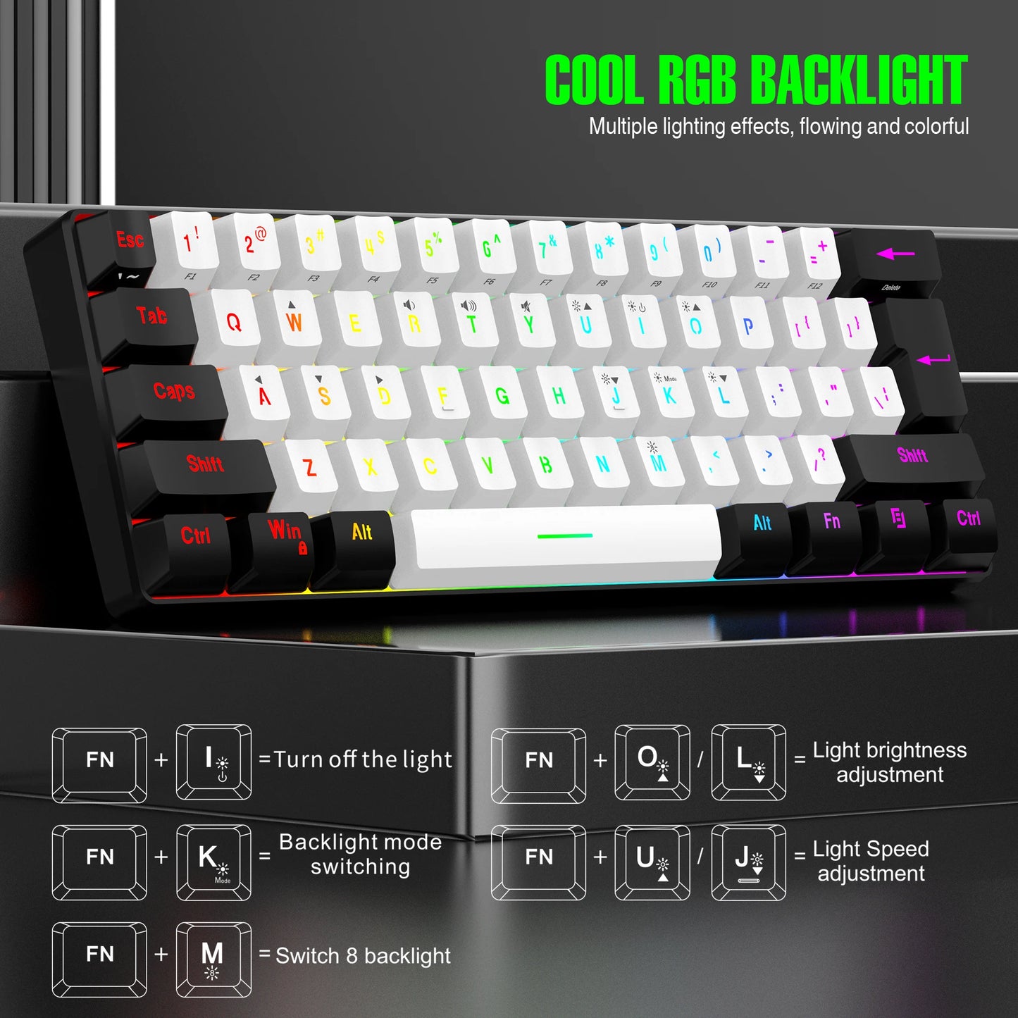 لوحة مفاتيح ألعاب سلكية 60% - إضاءة خلفية RGB - لوحة مفاتيح مدمجة فائقة الصغر - مقاومة للماء - 61 مفتاح صغير ومدمج للاعبين PC/Mac