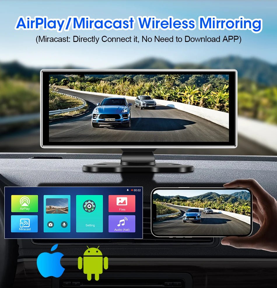 كاميرا تسجيل السيارة 4K بشاشة 10/11.26 بوصة مع كاربلاي لاسلكي وأندرويد أوتو ونظام ملاحة GPS ومسجل فيديو لوحة القيادة بعدستين مزدوجتين مع واي فاي وFM وAUX