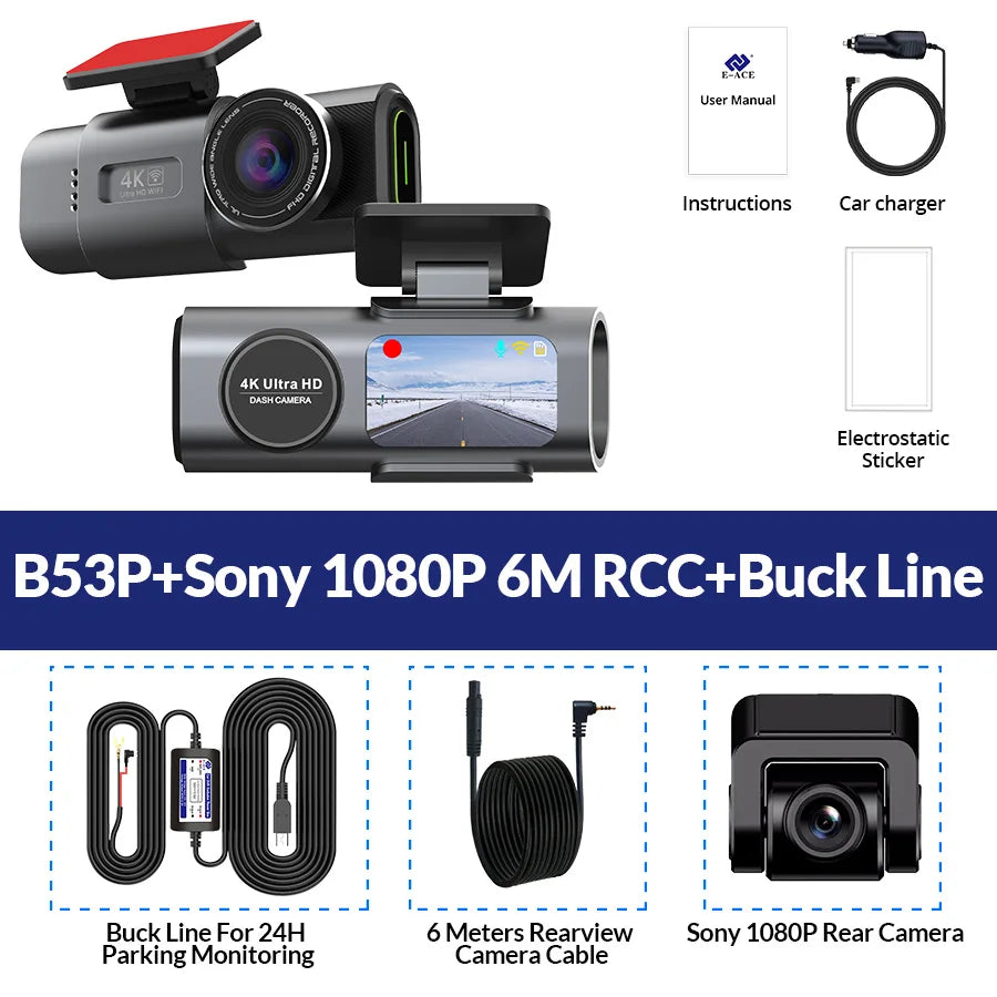 كاميرا سيارة داش كام بدقة 4K UHD مسجل فيديو DVR برؤية ليلية مع واي فاي مدمج ودعم GPS ومراقبة 24 ساعة للركن