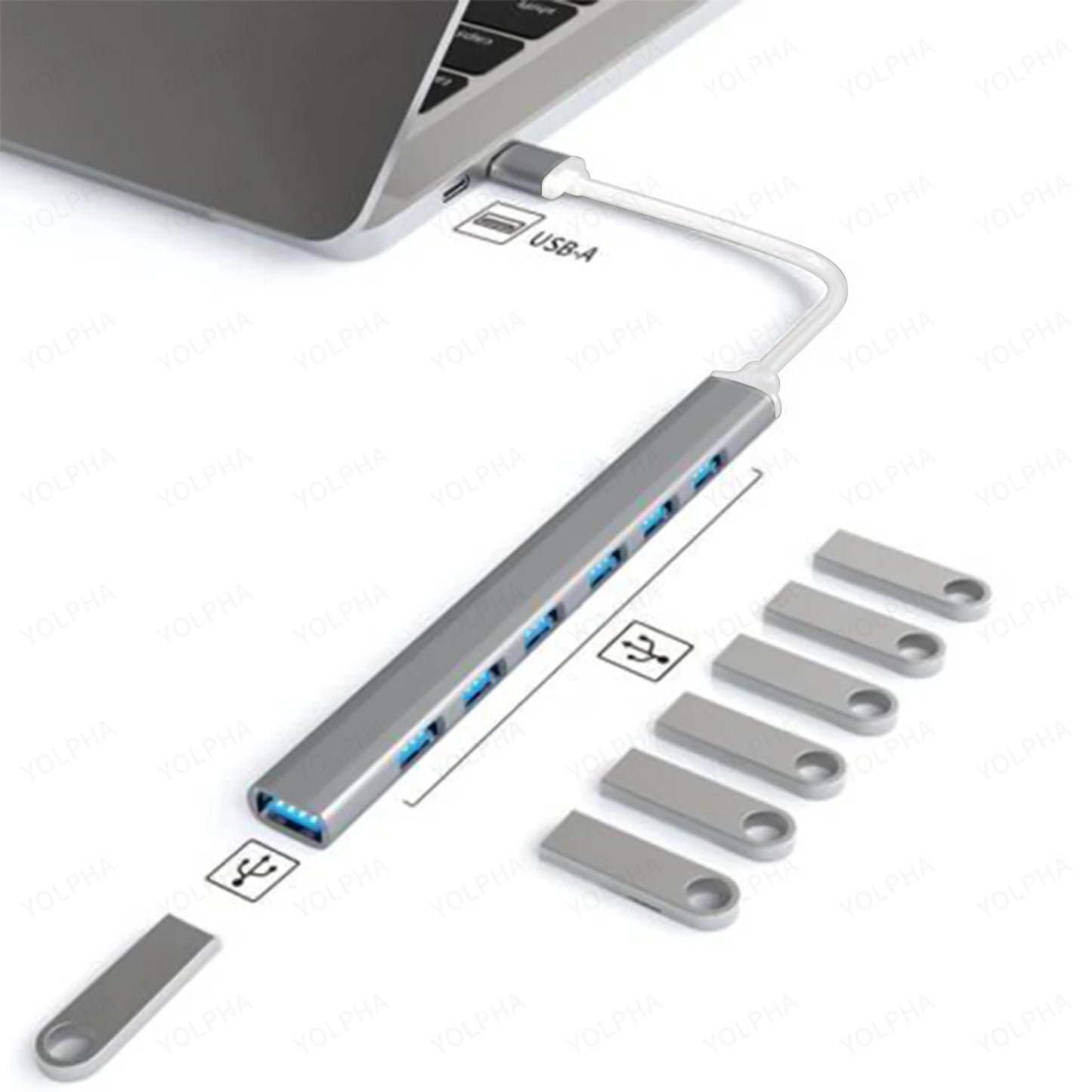 هاب USB 3.0 و USB 2.0 و USB C متعدد المنافذ عالي السرعة 5 جيجابت في الثانية للكمبيوتر - موزع 7 منافذ