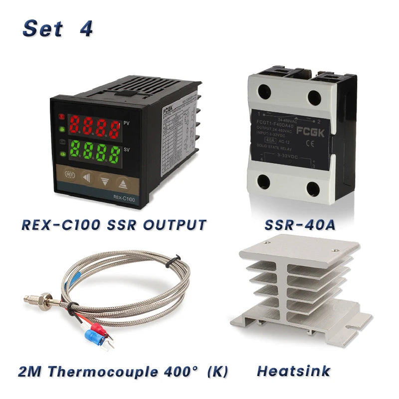 وحدة تحكم في درجة الحرارة REX-C100 PID بجهد 220 فولت حتى 400 درجة - ترموستات رقمي مع مخرج SSR 40 أمبير ومستشعر حرارة من النوع K