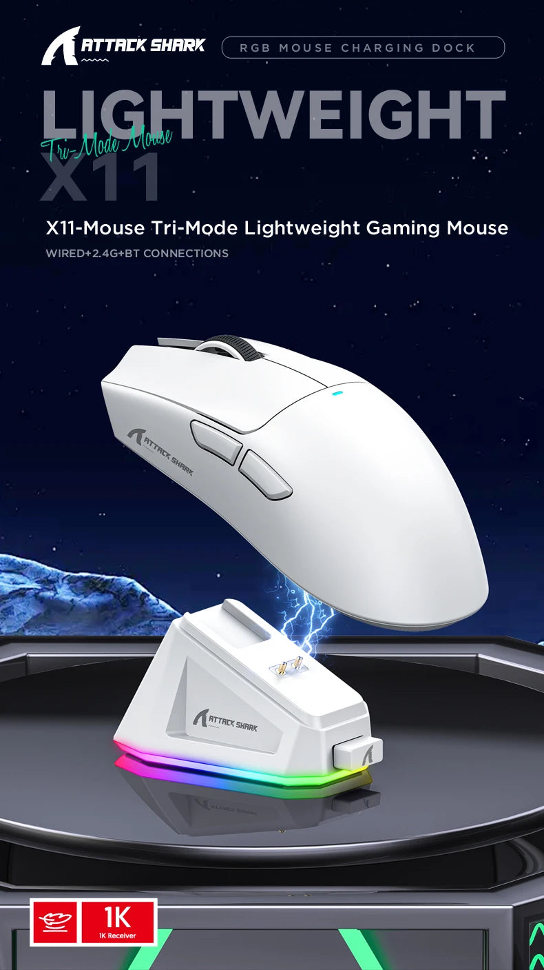فأرة أتاك شارك X11 اللاسلكية، اتصال ثلاثي الأوضاع 2.4GHz/سلكي/بلوتوث PAW3311 22000DPI 400IPS RGB فأرة ألعاب للكمبيوتر