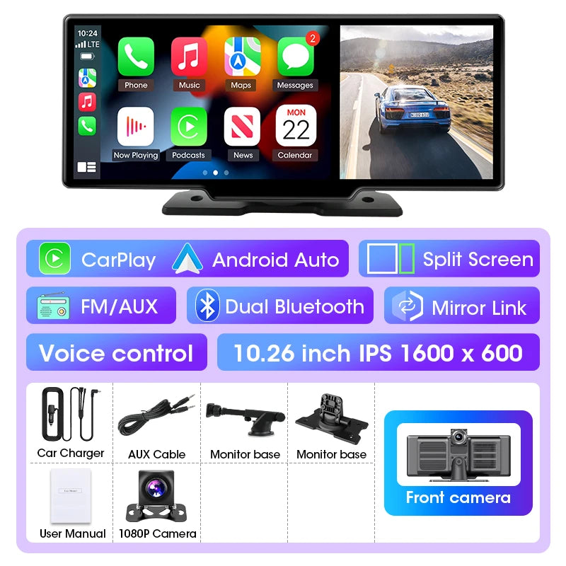 كاميرا تسجيل السيارة 4K بشاشة 10/11.26 بوصة مع كاربلاي لاسلكي وأندرويد أوتو ونظام ملاحة GPS ومسجل فيديو لوحة القيادة بعدستين مزدوجتين مع واي فاي وFM وAUX