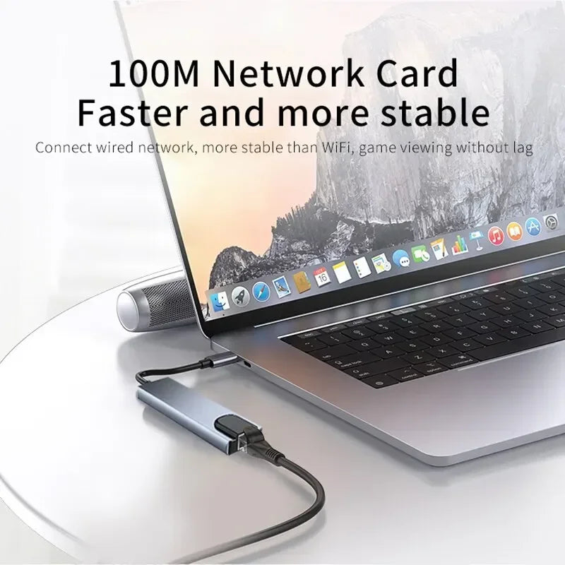محول USB 8 في 1 من النوع C 3.1 إلى 4K HDTV مع قارئ بطاقات SD/TF وRJ45 وشحن سريع PD لأجهزة MacBook والكمبيوتر المحمول