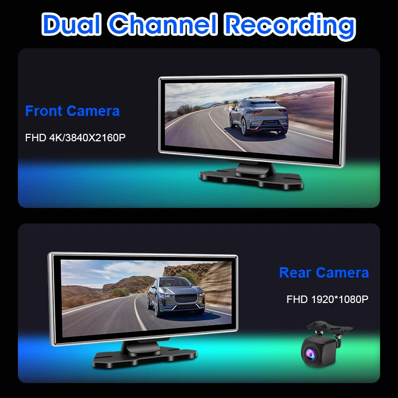 كاميرا تسجيل السيارة 4K بشاشة 10/11.26 بوصة مع كاربلاي لاسلكي وأندرويد أوتو ونظام ملاحة GPS ومسجل فيديو لوحة القيادة بعدستين مزدوجتين مع واي فاي وFM وAUX