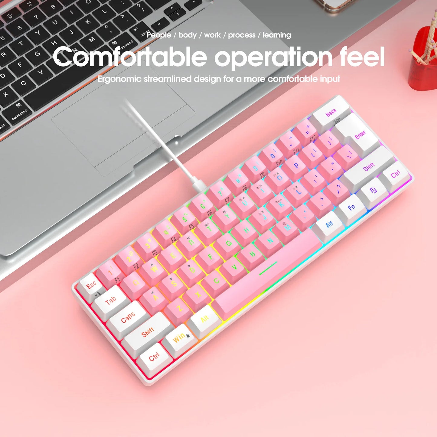 لوحة مفاتيح ألعاب سلكية 60% - إضاءة خلفية RGB - لوحة مفاتيح مدمجة فائقة الصغر - مقاومة للماء - 61 مفتاح صغير ومدمج للاعبين PC/Mac