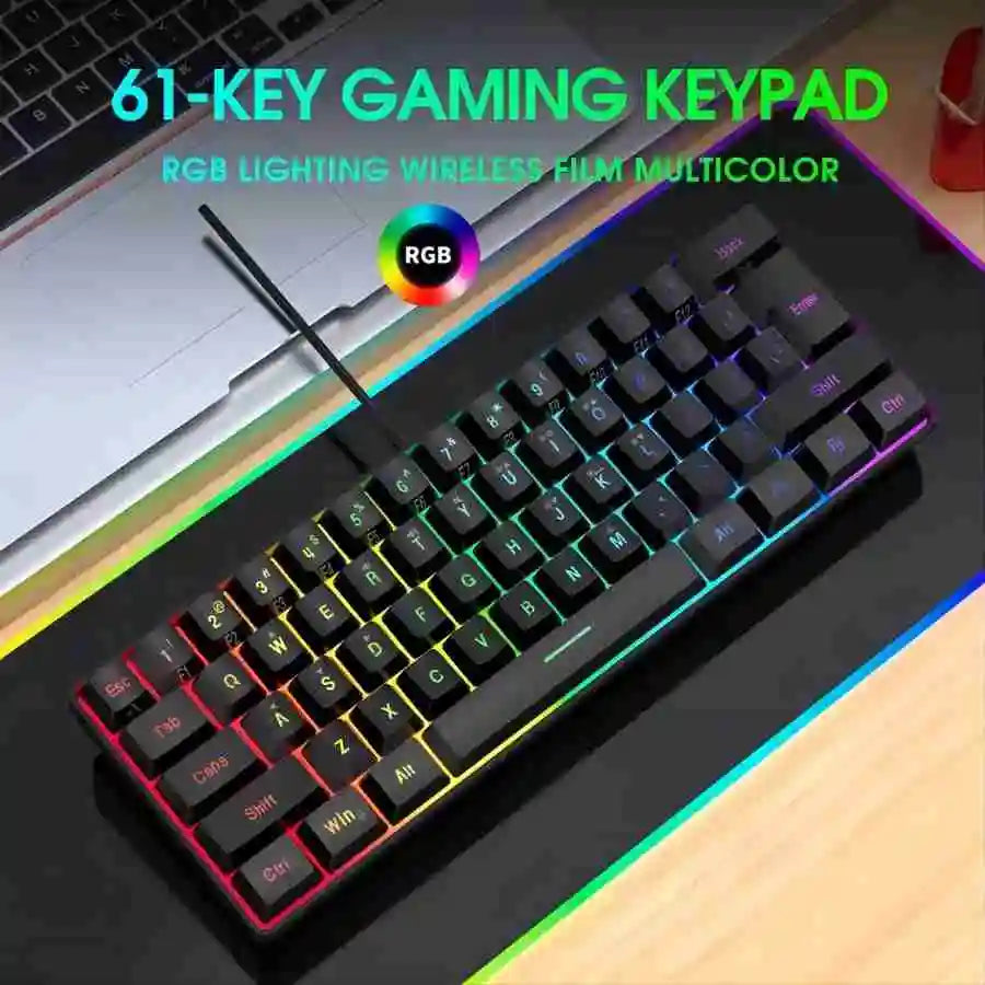 لوحة مفاتيح ألعاب سلكية 60% - إضاءة خلفية RGB - لوحة مفاتيح مدمجة فائقة الصغر - مقاومة للماء - 61 مفتاح صغير ومدمج للاعبين PC/Mac