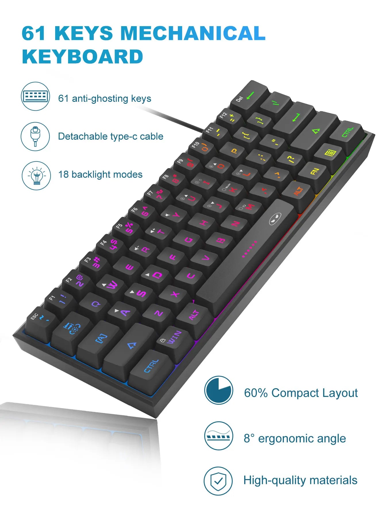 لوحة مفاتيح الألعاب المدمجة MageGee Mini 60%، لوحة مفاتيح مضيئة RGB بـ 61 مفتاح فائقة الصغر، TS91 مقاومة للماء بتصميم مريح وملمس ميكانيكي للمكتب