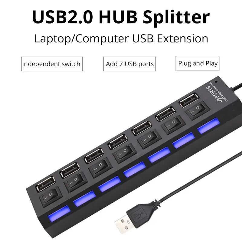 موزع USB محور توسيع 7 منافذ USB2.0 للكمبيوتر - جهاز تقسيم USB واحد إلى سبعة منافذ للكمبيوتر المحمول وسطح المكتب