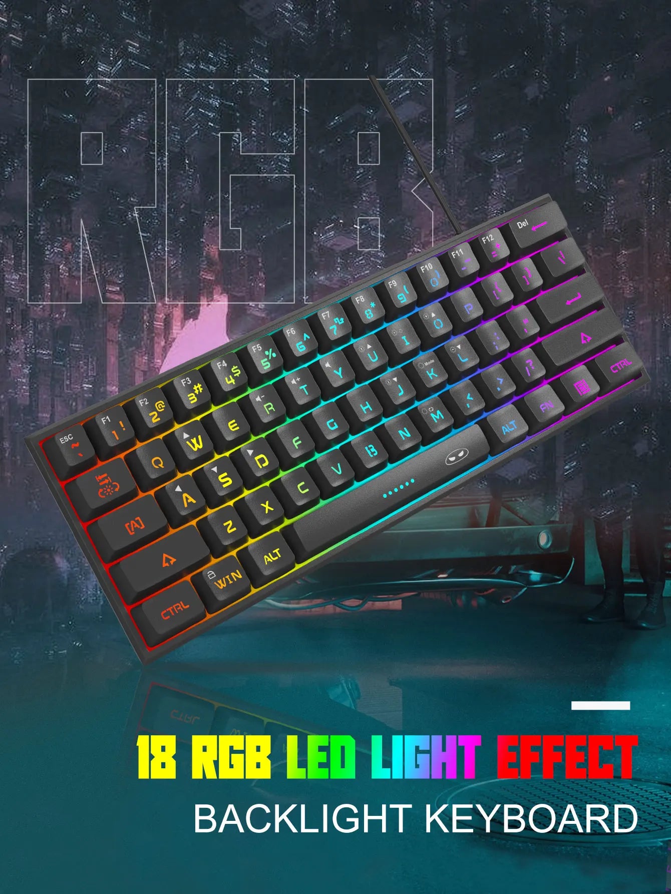 لوحة مفاتيح الألعاب المدمجة MageGee Mini 60%، لوحة مفاتيح مضيئة RGB بـ 61 مفتاح فائقة الصغر، TS91 مقاومة للماء بتصميم مريح وملمس ميكانيكي للمكتب