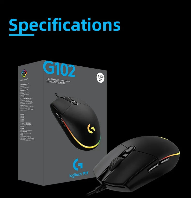 ماوس جيمنج لوجيتك G102 بإضاءة RGB تصميم خفيف الوزن 200-8000 DPI الجيل الثاني مريح للكمبيوتر