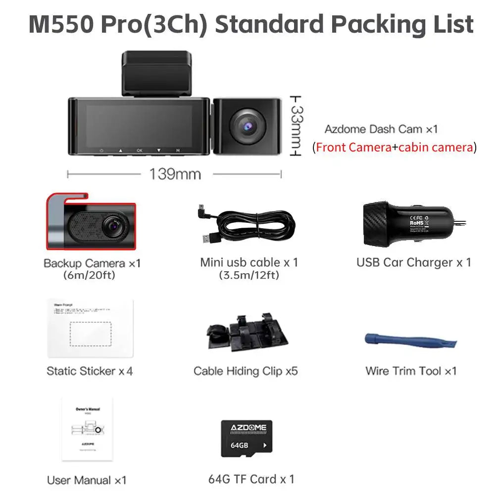 كاميرا سيارة AZDOME M550 Pro بتقنية WiFi 5.8 جيجاهرتز - قناتين/3 قنوات - دقة 4K+1080P مع GPS مدمج - شاشة IPS 3.19 بوصة - رؤية ليلية بالأشعة تحت الحمراء - وضع المراقبة 24 ساعة
