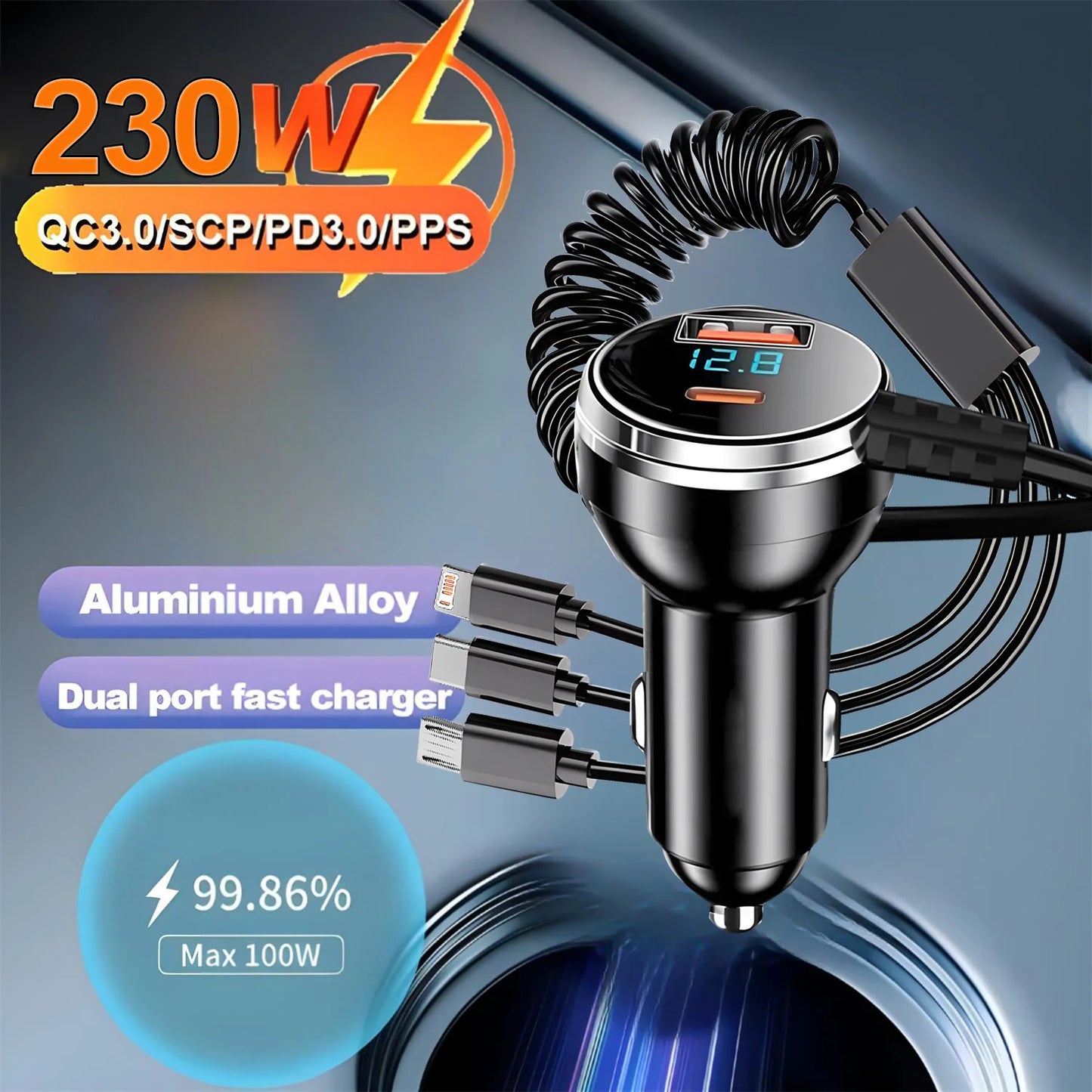 شاحن سيارة سريع 230 واط - 5 منافذ USB-C و QC3.0 PD - متوافق مع آيفون وسامسونج وهواوي وشاومي