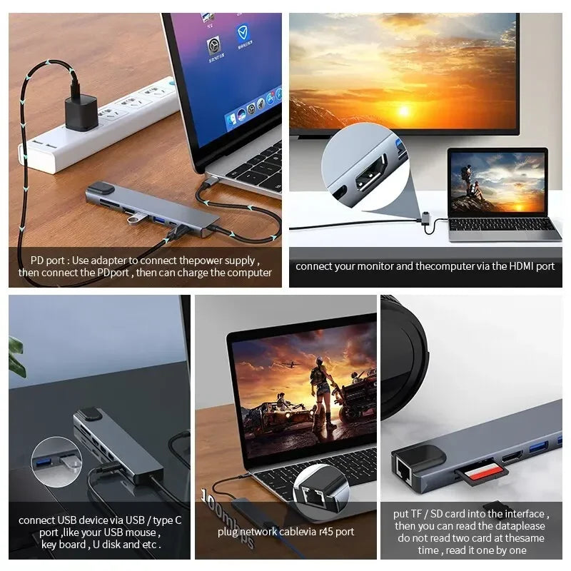محول USB 8 في 1 من النوع C 3.1 إلى 4K HDTV مع قارئ بطاقات SD/TF وRJ45 وشحن سريع PD لأجهزة MacBook والكمبيوتر المحمول