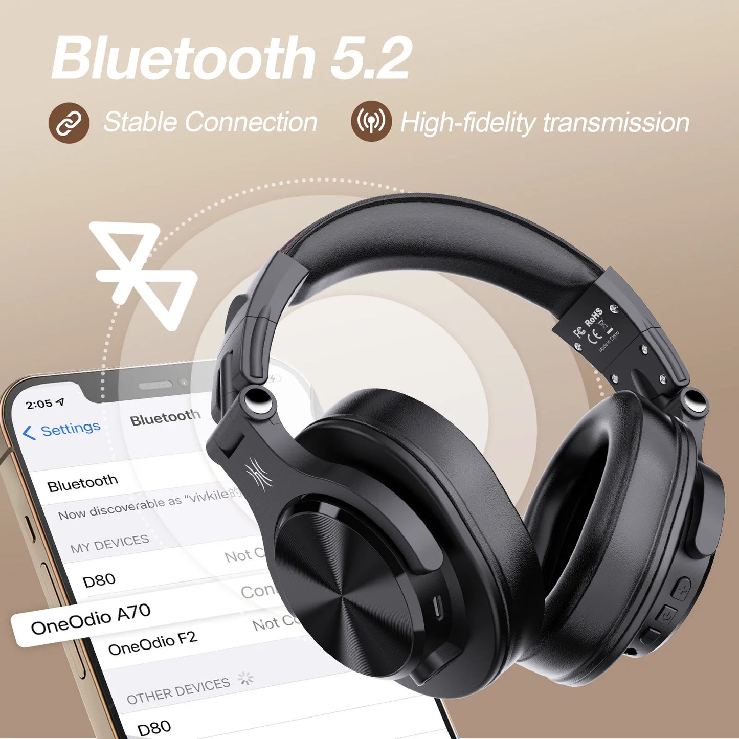 سماعات Oneodio Fusion A70 بلوتوث 5.2 - سماعات صوت عالي الدقة لاسلكية فوق الأذن - سماعات استوديو احترافية للمراقبة والدي جي - 72 ساعة تشغيل