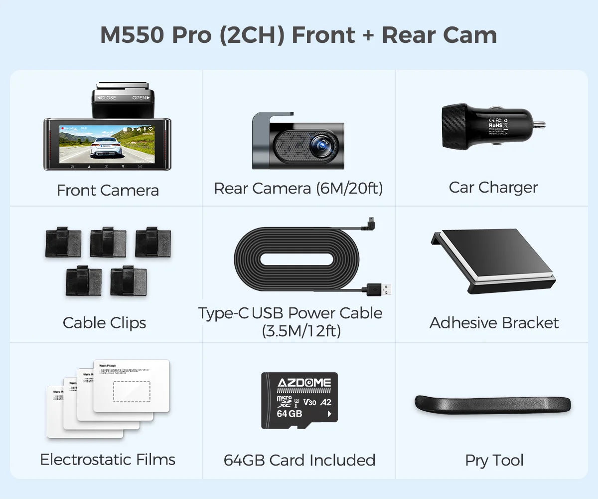 كاميرا سيارة AZDOME M550 Pro بتقنية WiFi 5.8 جيجاهرتز - قناتين/3 قنوات - دقة 4K+1080P مع GPS مدمج - شاشة IPS 3.19 بوصة - رؤية ليلية بالأشعة تحت الحمراء - وضع المراقبة 24 ساعة
