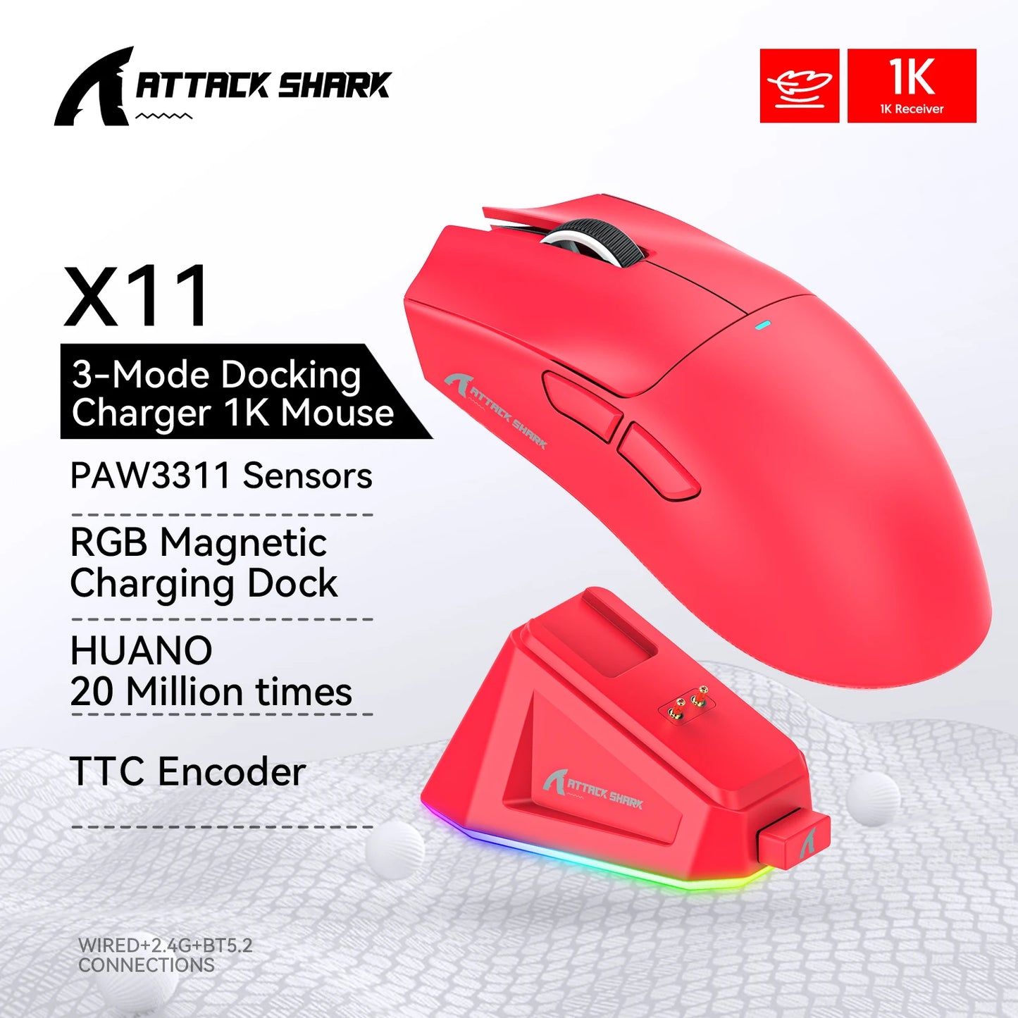 فأرة أتاك شارك X11 اللاسلكية، اتصال ثلاثي الأوضاع 2.4GHz/سلكي/بلوتوث PAW3311 22000DPI 400IPS RGB فأرة ألعاب للكمبيوتر