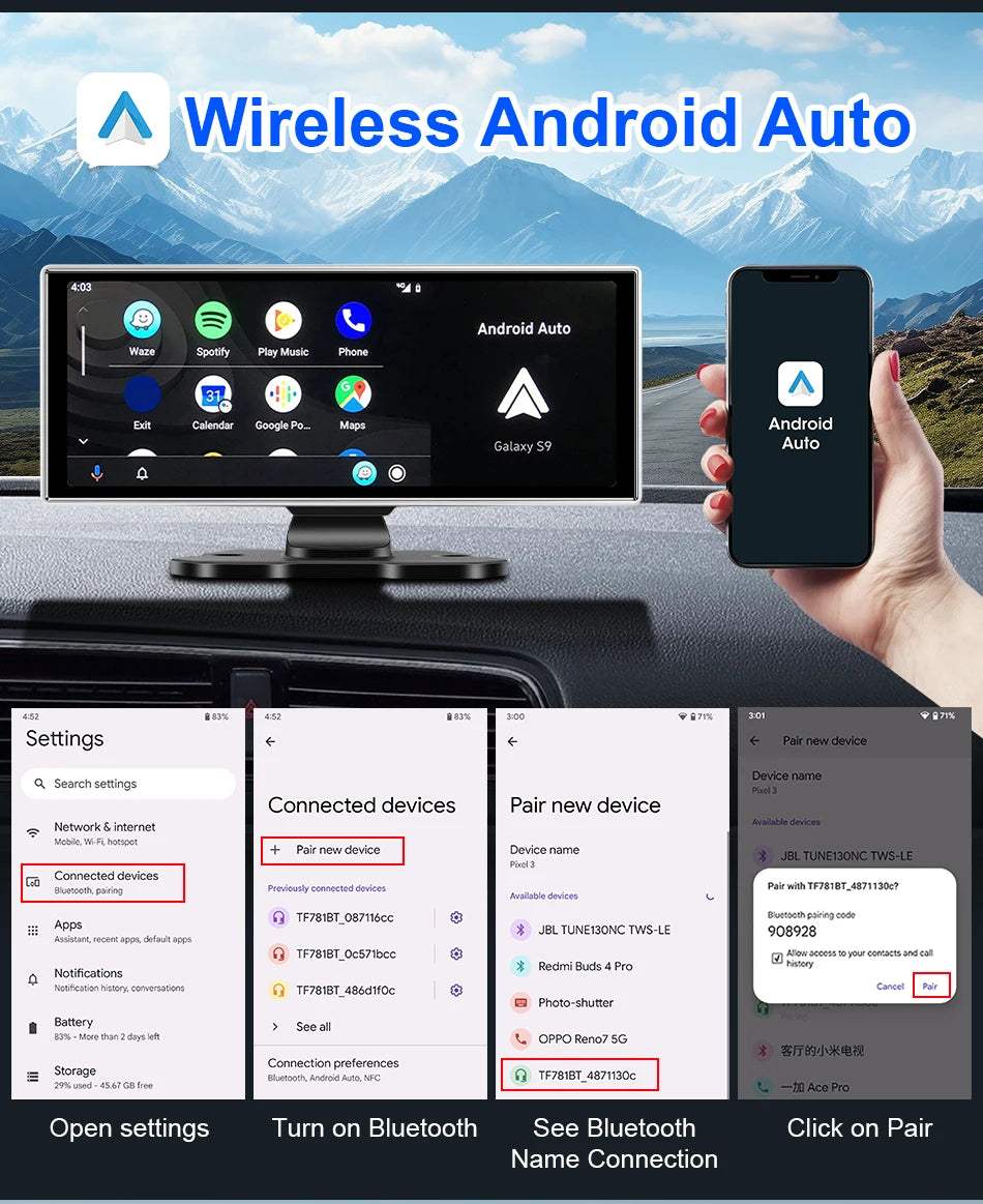 كاميرا تسجيل السيارة 4K بشاشة 10/11.26 بوصة مع كاربلاي لاسلكي وأندرويد أوتو ونظام ملاحة GPS ومسجل فيديو لوحة القيادة بعدستين مزدوجتين مع واي فاي وFM وAUX