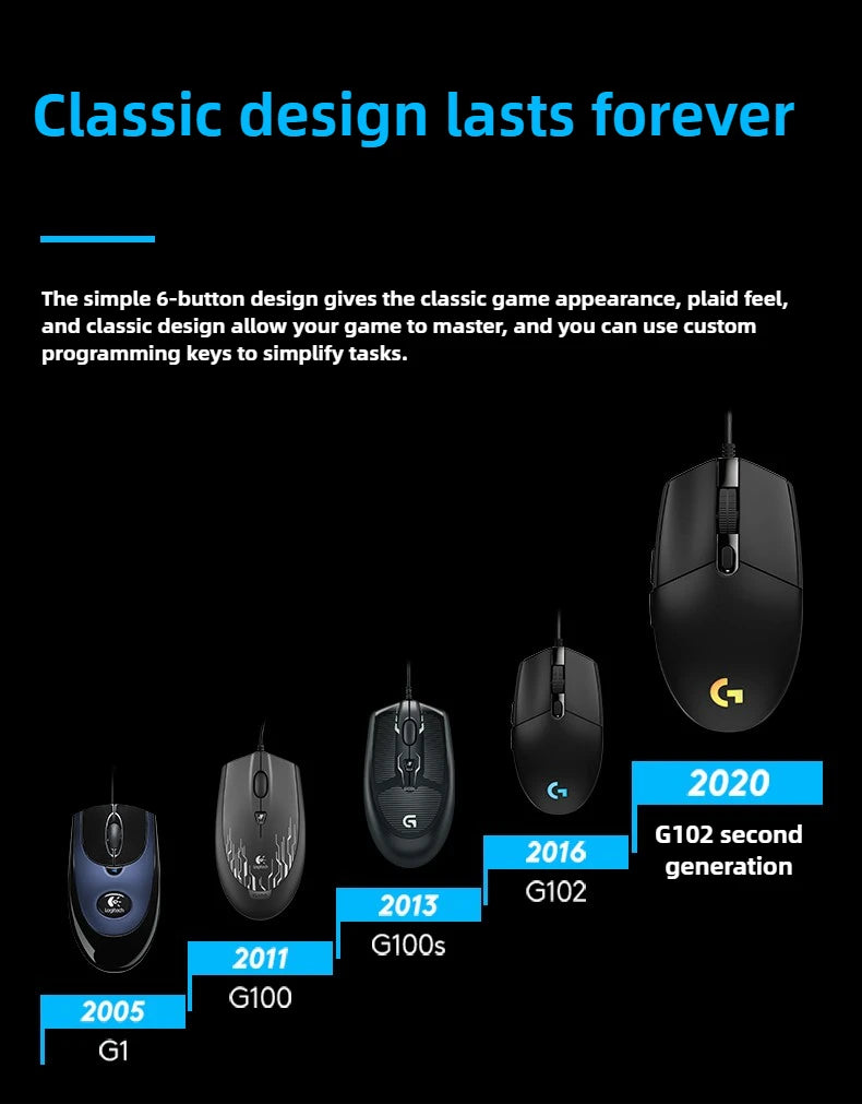ماوس جيمنج لوجيتك G102 بإضاءة RGB تصميم خفيف الوزن 200-8000 DPI الجيل الثاني مريح للكمبيوتر