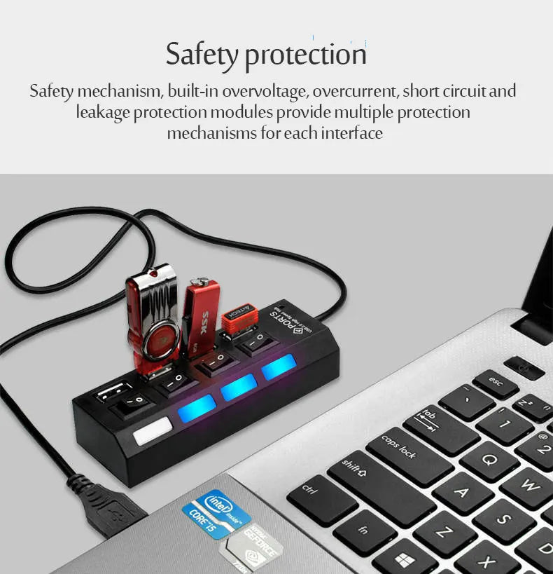 محول طاقة USB 3.0 موزع متعدد المنافذ 4/7 منفذ هاب USB 2.0 موسع متعدد مع مفتاح وكابل 30 سم محطة إرساء