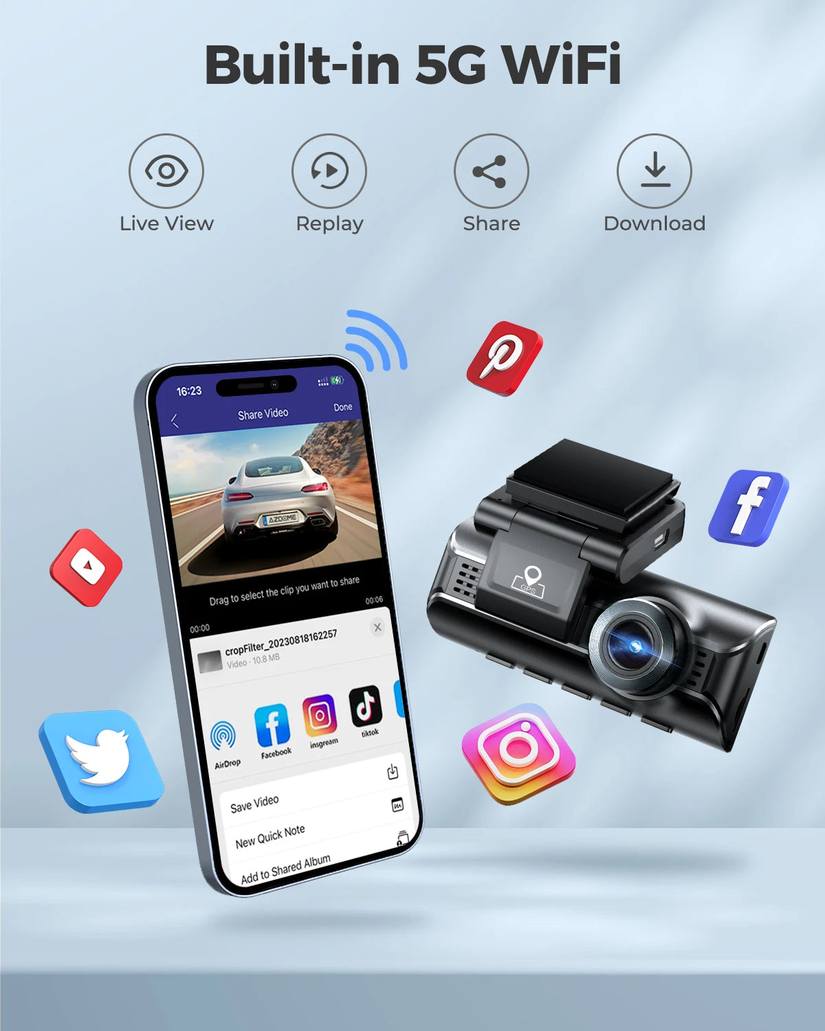 كاميرا سيارة AZDOME M550 Pro بتقنية WiFi 5.8 جيجاهرتز - قناتين/3 قنوات - دقة 4K+1080P مع GPS مدمج - شاشة IPS 3.19 بوصة - رؤية ليلية بالأشعة تحت الحمراء - وضع المراقبة 24 ساعة