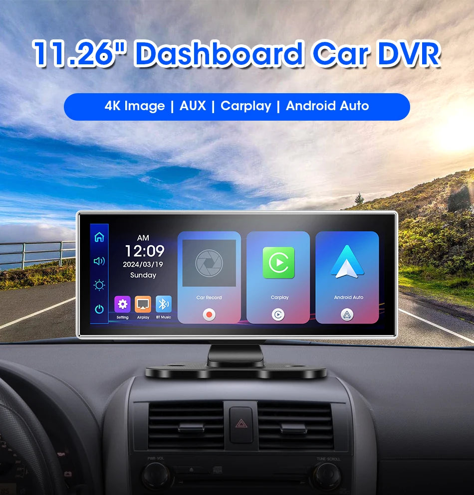 كاميرا تسجيل السيارة 4K بشاشة 10/11.26 بوصة مع كاربلاي لاسلكي وأندرويد أوتو ونظام ملاحة GPS ومسجل فيديو لوحة القيادة بعدستين مزدوجتين مع واي فاي وFM وAUX