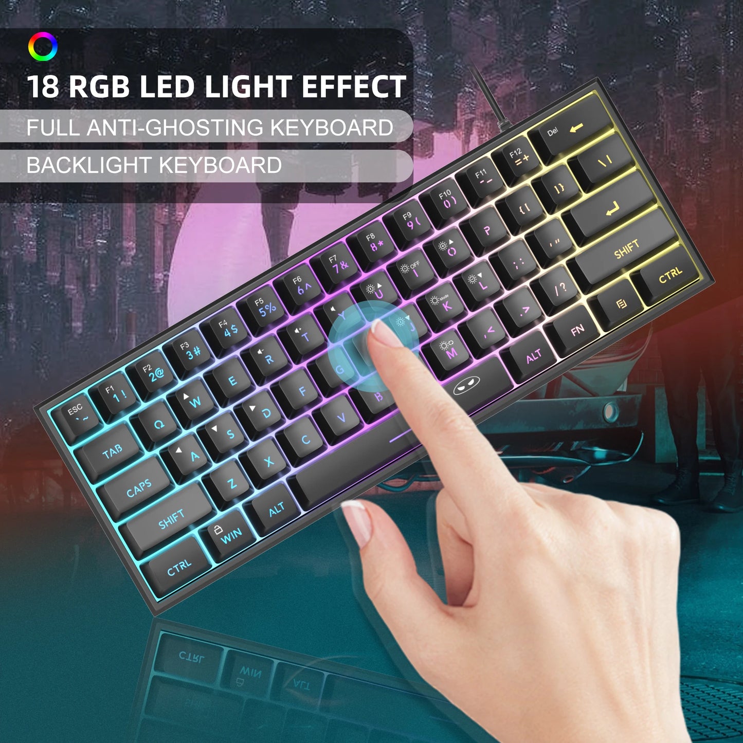 لوحة مفاتيح الألعاب المدمجة MageGee Mini 60%، لوحة مفاتيح مضيئة RGB بـ 61 مفتاح فائقة الصغر، TS91 مقاومة للماء بتصميم مريح وملمس ميكانيكي للمكتب